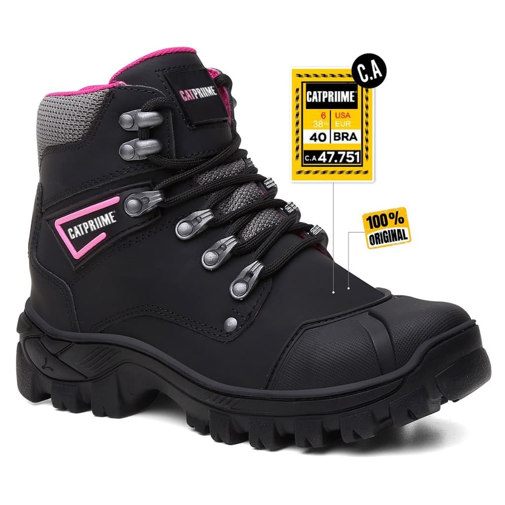 Bota Feminina Coturno Botina Catprime Com C.A Resistente Confortável Macia Com Palmilha Em Gel Unissex Em Couro Nobre
