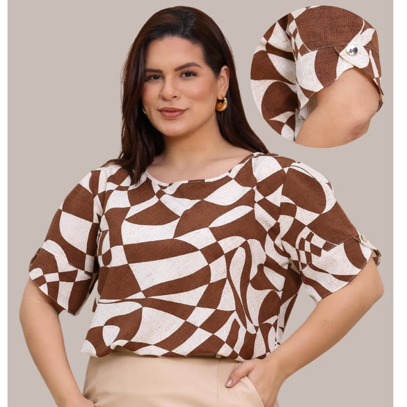 Blusa PLUS SIZE Estampas Manga Tulipa com Botão Feminina Social Casual tamanho G1 G2 G3