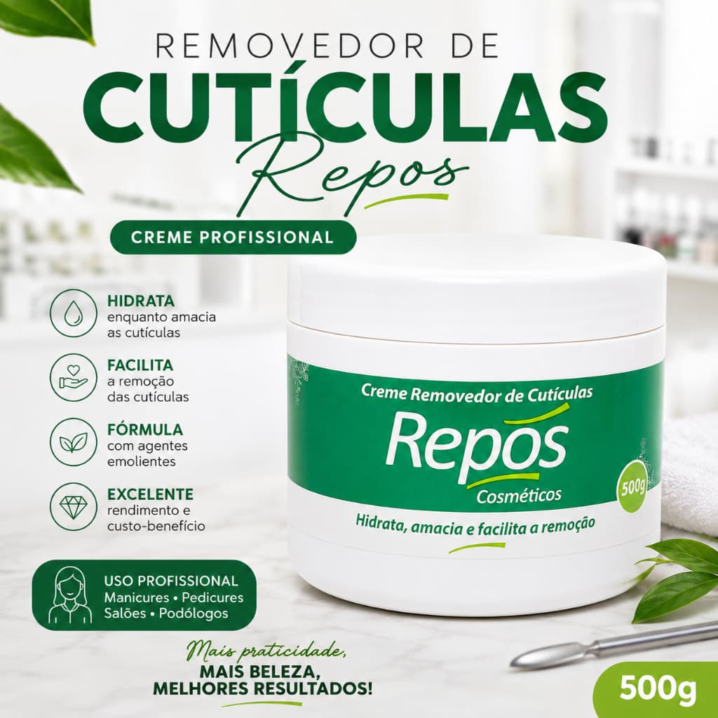 Removedor de Cutículas em Creme Repós 500g Profissional Amacia Hidrata Facilita Remoção Para Manicure e Pedicure