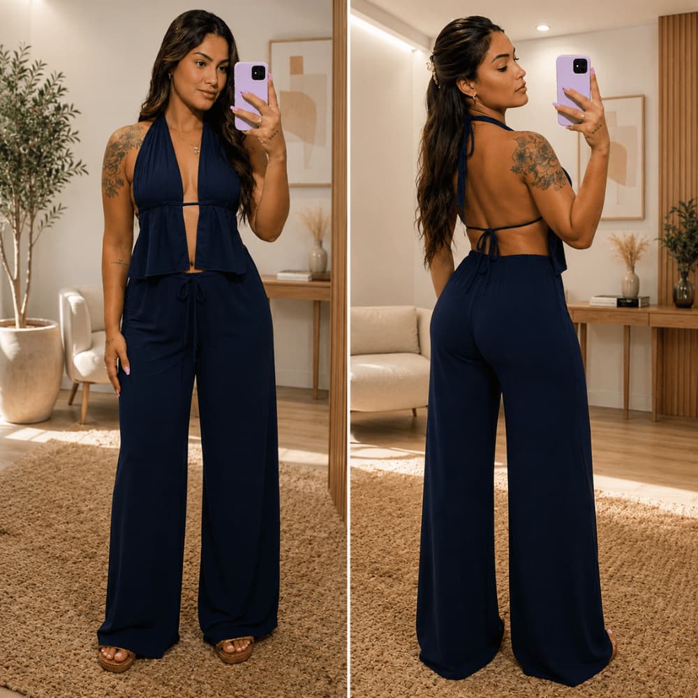 Conjunto Feminino Cropped e Calça Cintura Alta Tecido Dunas Look Moderno e Sofisticado
