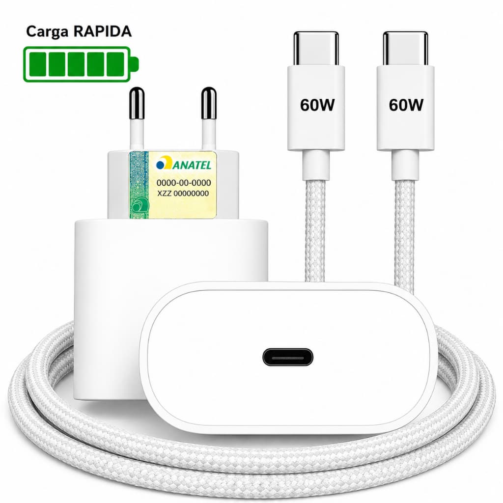 Carregador Rapido e Cabo Turbo 60w USB-C Tipo C 1m trançado Ultra Resistente Fonte + cabo