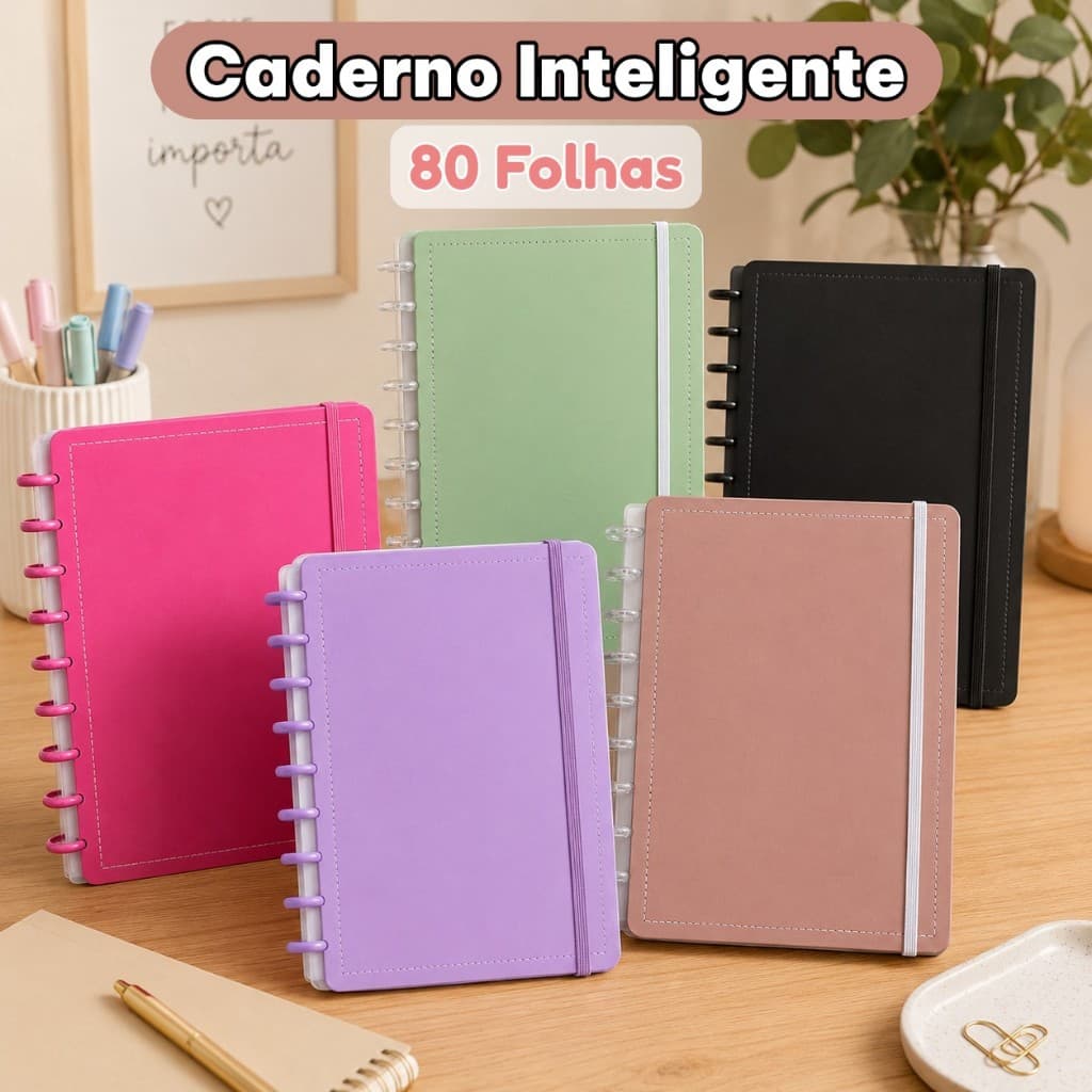 Caderno Grande tipo Inteligente 9 / 11 Discos Capa Dura 80 Folhas Reposicionáveis Escolar Planner Diário Folhas pautadas