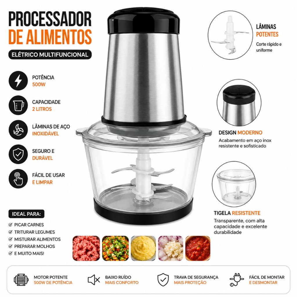 Processador Elétrico Alimentos 2L Inox Picador Triturador Carne Legumes Alho Cebola Multifuncional