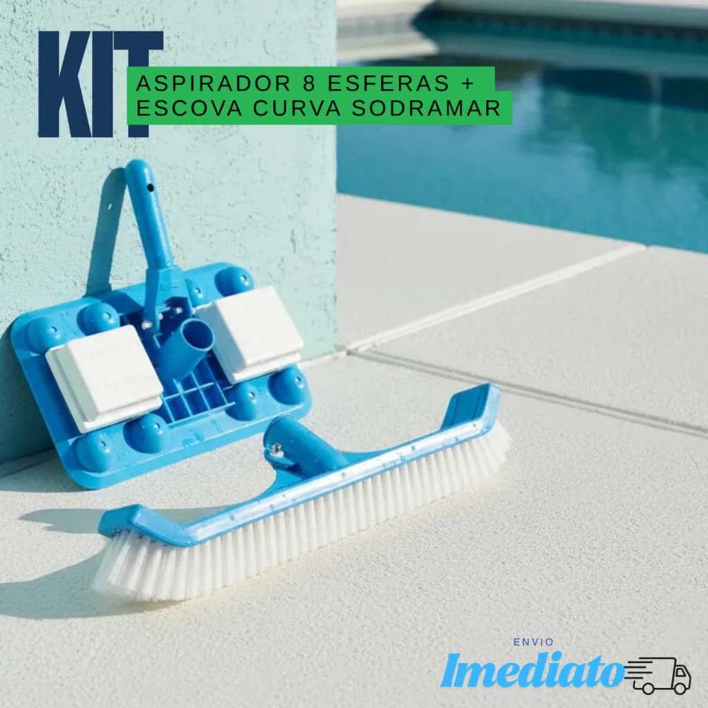 Kit aspirador de piscina 8 esferas + escova curva slim Sodramar piscina limpa manutenção limpeza pesada econômia