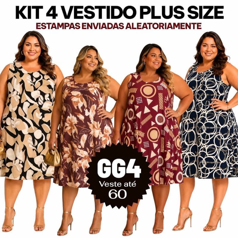 kit 4 Vestidos Plus Size Feminino GG4 Regata Soltinho Casual Estampado Malha Confortável Veste até 60
