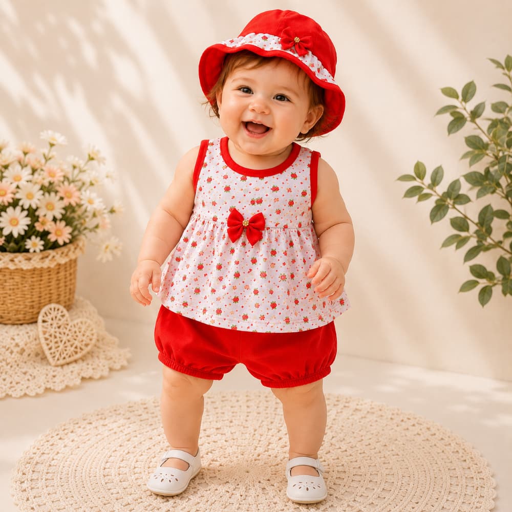 Conjunto Bebê Menina com Chapéu 0 á 3 Meses Bata e Short Moda Blogueirinha