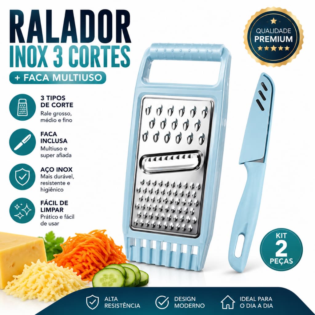 Ralador Inox 3 em 1 com Faca – Cortes Grossos, Finos e Fatiador | Cozinha Prática e Moderna