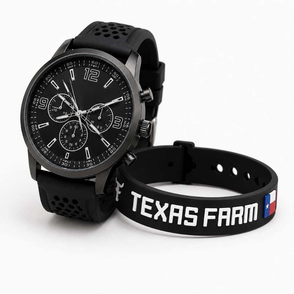 Kit Relógio Analógico Preto + Pulseira Country Texas Farm Silicone Cowboy Rodeio Unissex Masculino Feminino Esportivo