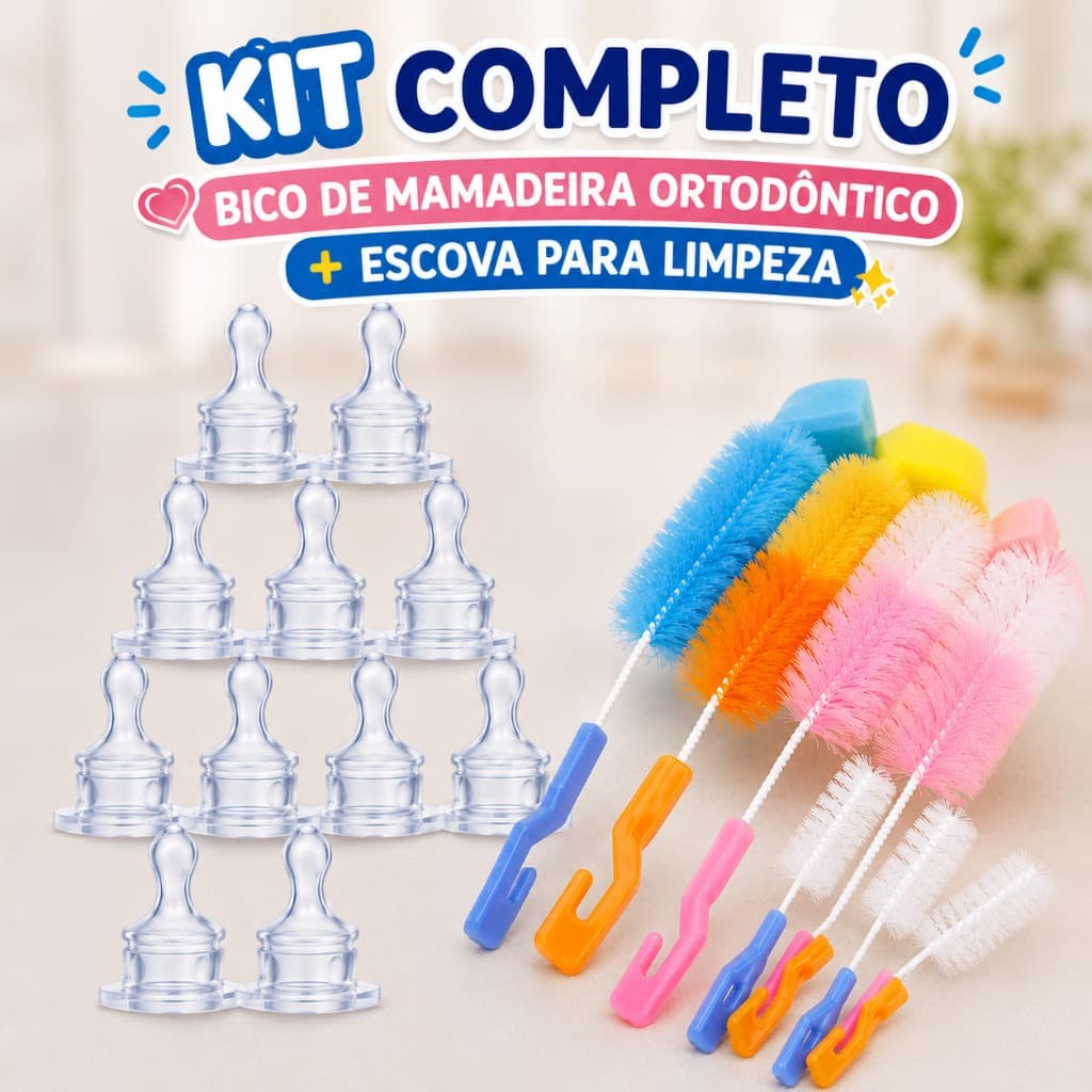 Kit Bico de Mamadeira Ortodôntico 100% Silicone Tetê + escova para limpeza