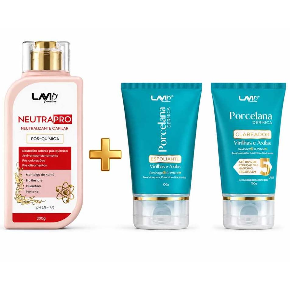 Neutralizante Capilar Neutrapro Pós-química Elimina odores 300g+sfoliante Virilhas e Axilas LAVID Porcelana Dérmica 100g