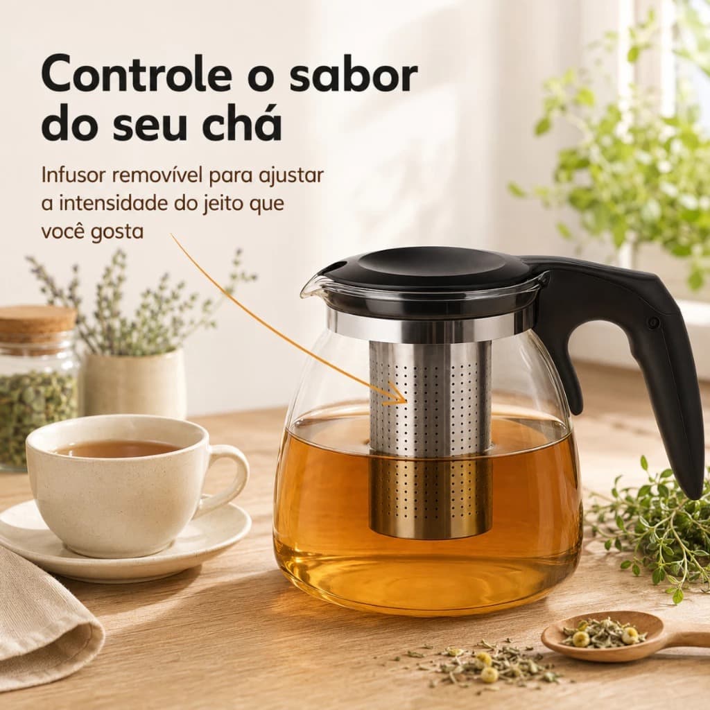 Bule de Vidro para Chá com Infusor em Inox inoxidável– 900ml | Chaleira para Chá | Resistente ao Calor