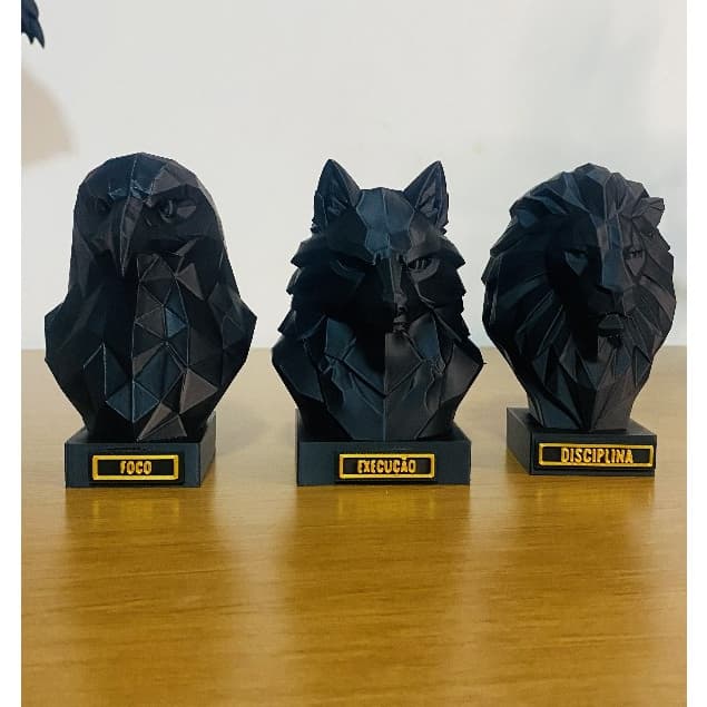 Kit Esculturas Leão Águia Lobo Decoração Escritório Luxo Mentalidade Foco Disciplina Execução