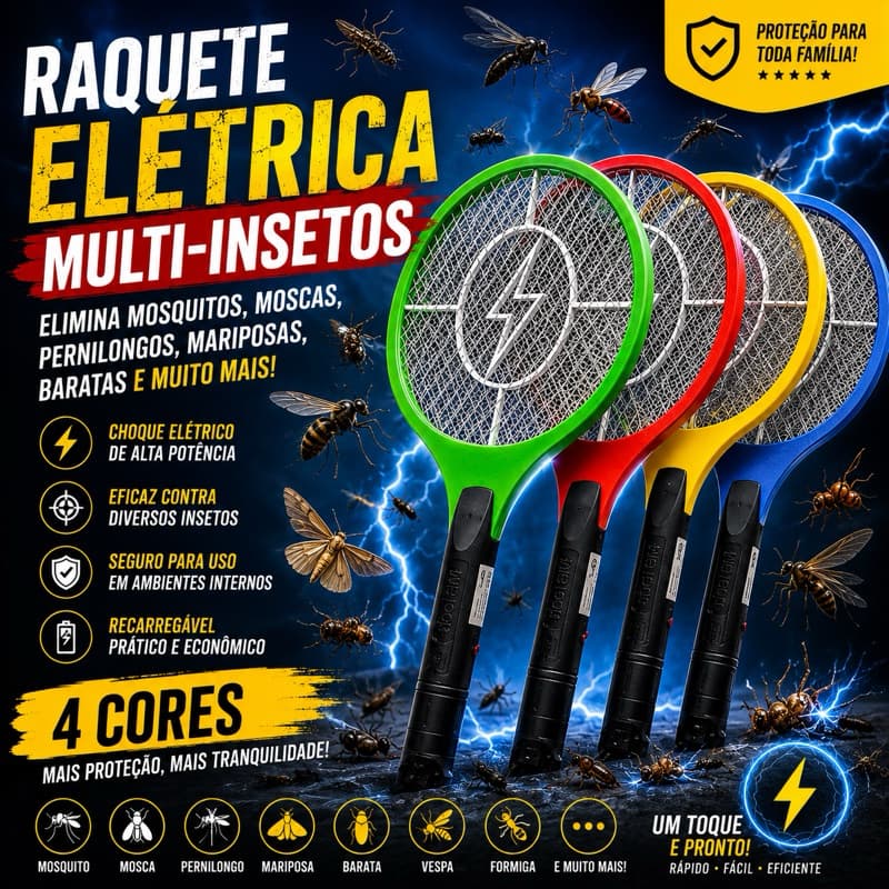 Raquete Elétrica Mata Insetos Recarregável Bivolt - Prática e Eficaz