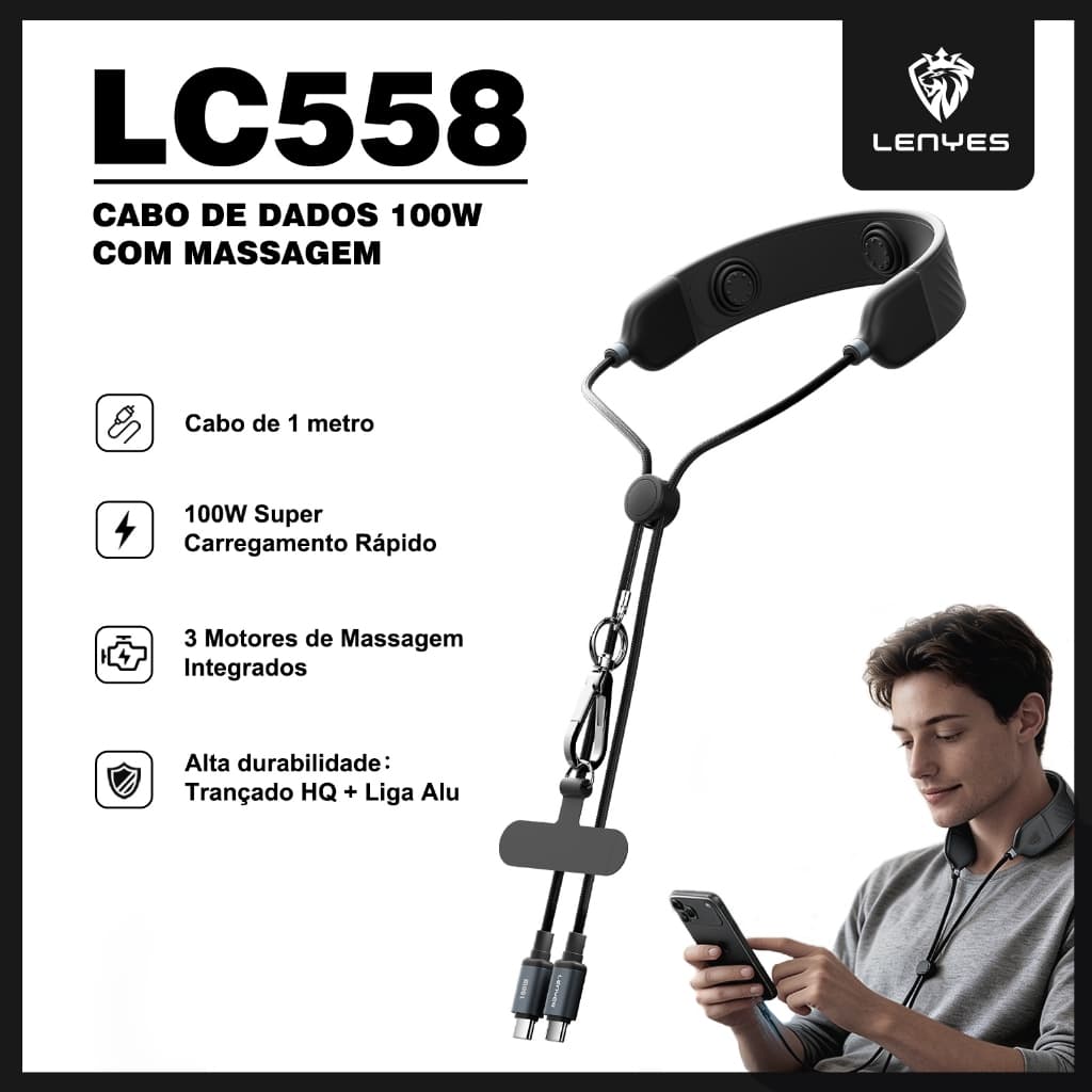 Cabo USB-C 100W com Massageador Vibratório, 2 em 1 para Alívio Muscular LENYES