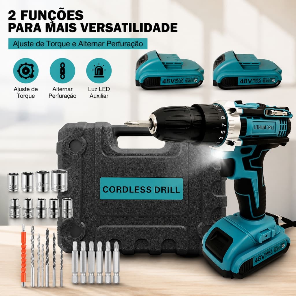 Parafusadeira Furadeira 48V Sem Fio Kit com Múltiplos Acessórios Bateria Dupla e Maleta Cor Amarela/Azul