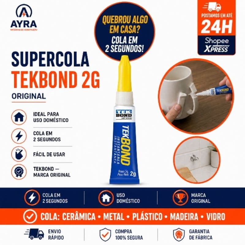 Supercola Tekbond 2G Original Instantânea Cola Tudo Cerâmica 
Metal Plástico Madeira Uso Doméstico