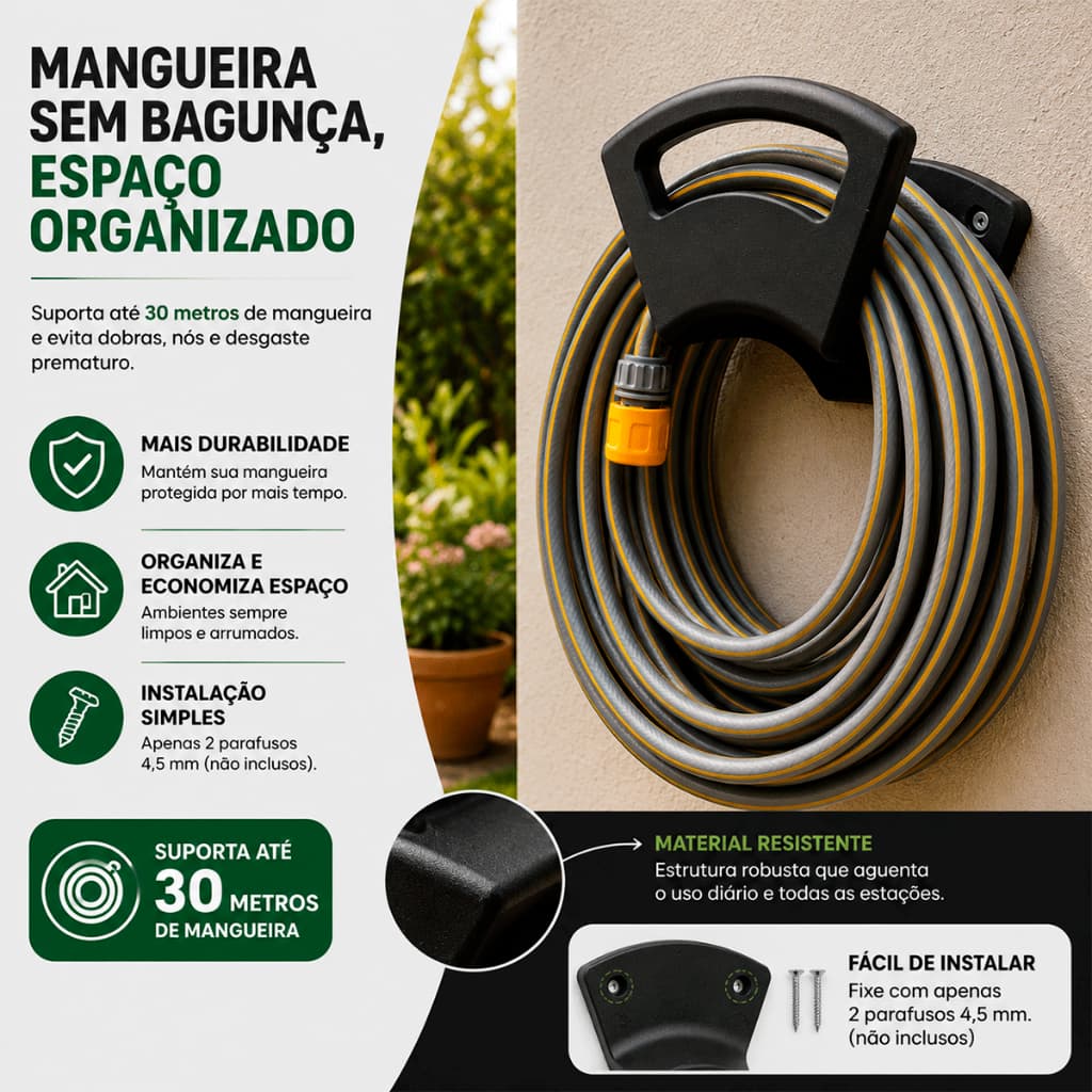 Suporte Porta Mangueira Parede - Plástico Resistente Reforçado Alta Durabilidade Jardim - 10 a 30m