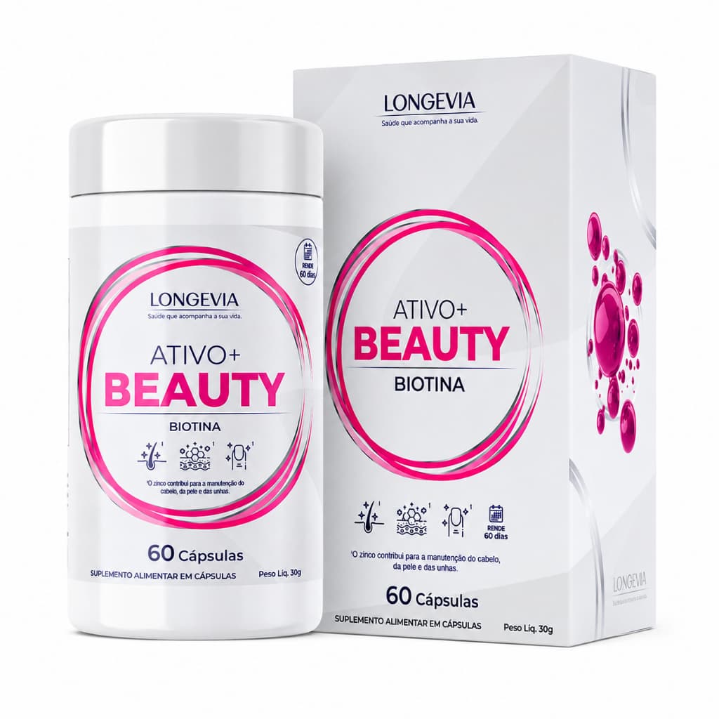 Biotina Ativo + Longevia Beauty 60 Cápsulas p/ Cabelo Pele e Unhas