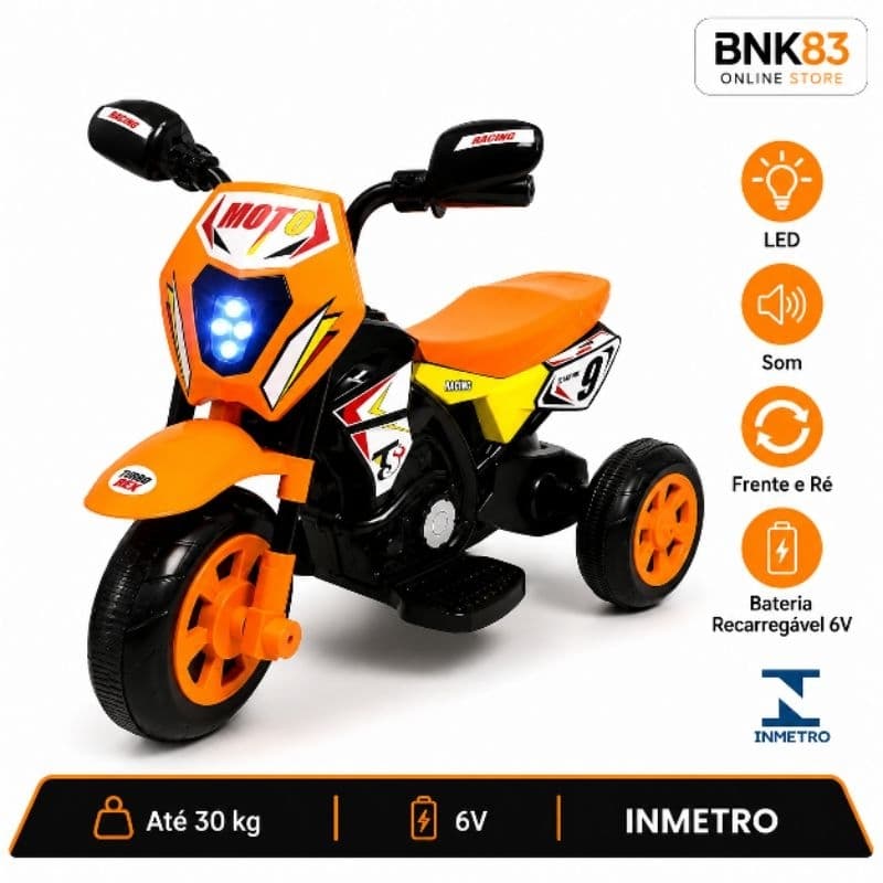 Moto Elétrica Infantil Cross 6V TurboRex 3 Rodas LED Som Frente e Ré Recarregável Até 30kg Laranja