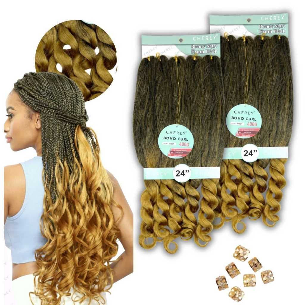 Kit Cabelo 2 Jumbo Boho Curl Cherey  Longo E Macio 60cm 400g Para Tranças