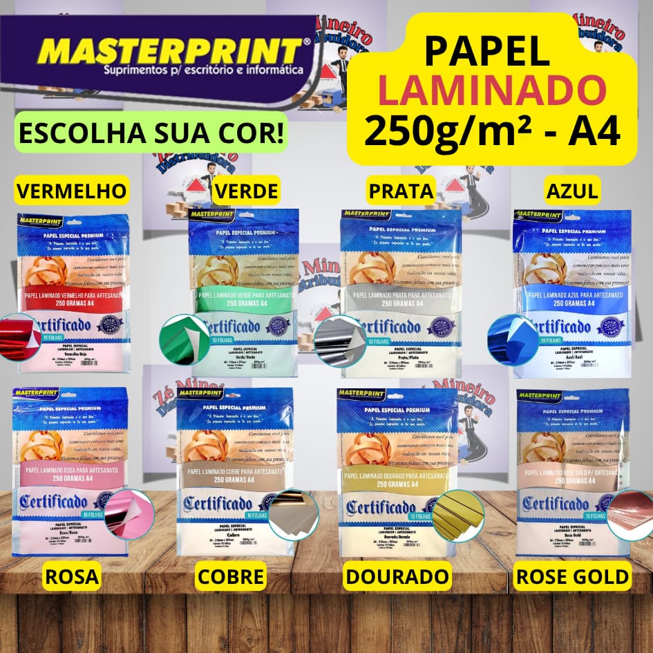 Papel Laminado 250g A4 Masterprint Varias Cores Lamicote Artesanato Colorido Metalico