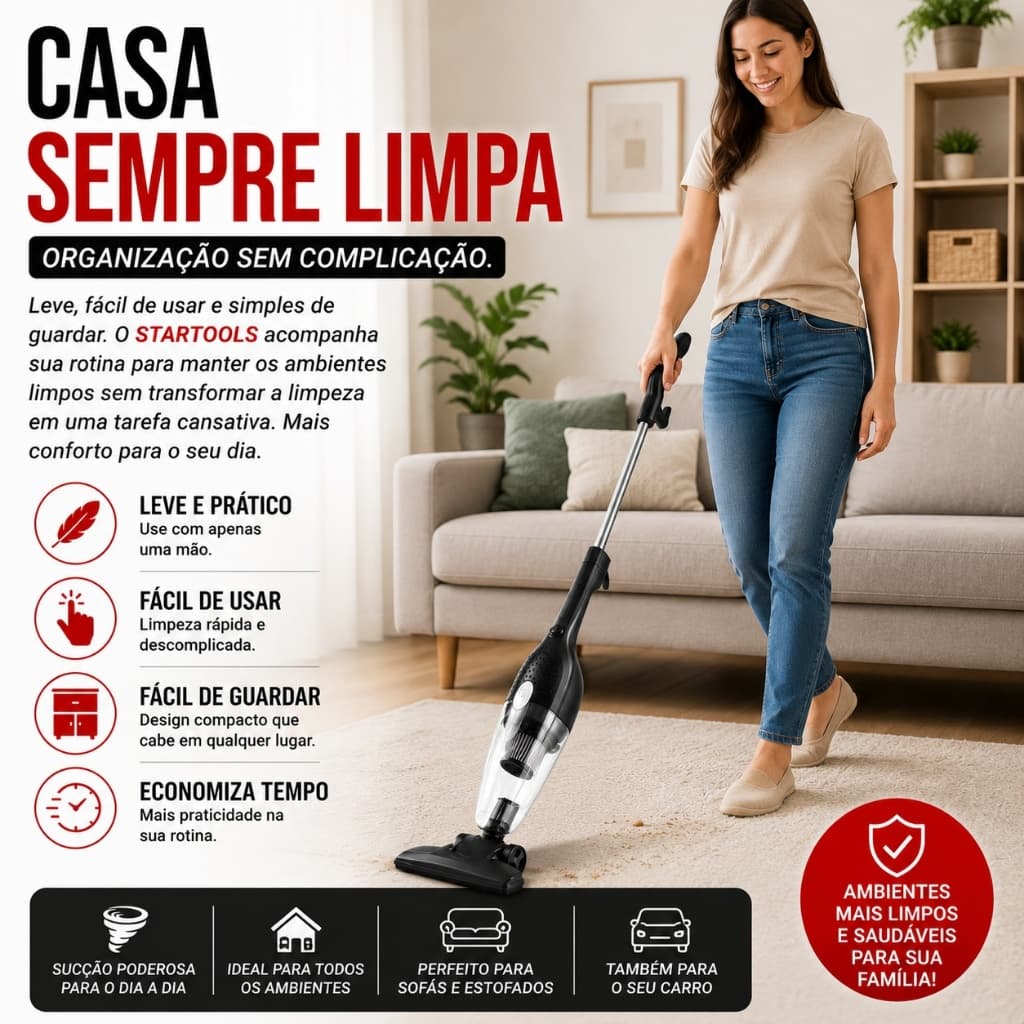 Aspirador de Pó Vertical Portátil 2 em 1 Com Fio Potente 110V Limpa Casa Carro Sofá