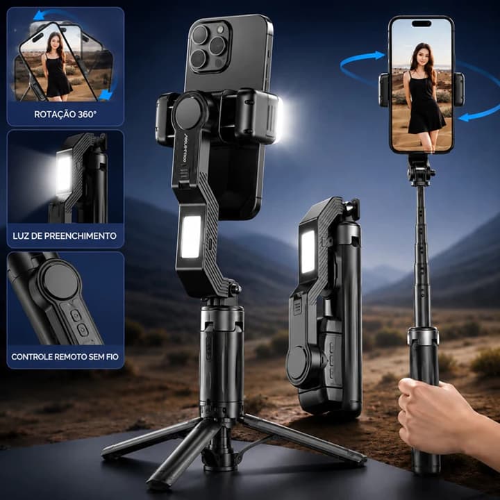 Bastão Selfie H'Maston ZB08 Bluetooth 5.2 Sem Fio com Estabilizador, Controle Remoto e Tripé Extensível 110cm para Celul