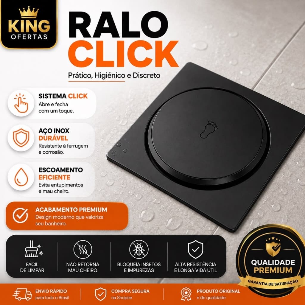 Ralo Click Inteligente 10x10 Inox Preto Anti Odor Anti Insetos Premium Banheiro