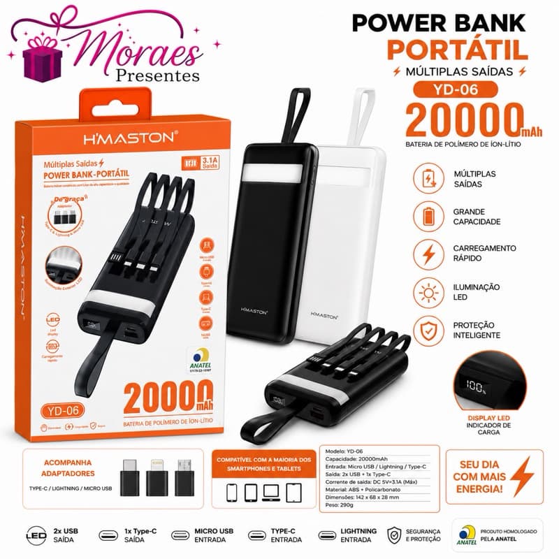 Power Bank H’MASTON 20.000mAh com cabos integrados, carregamento rápido 3.1A e homologação Anatel.