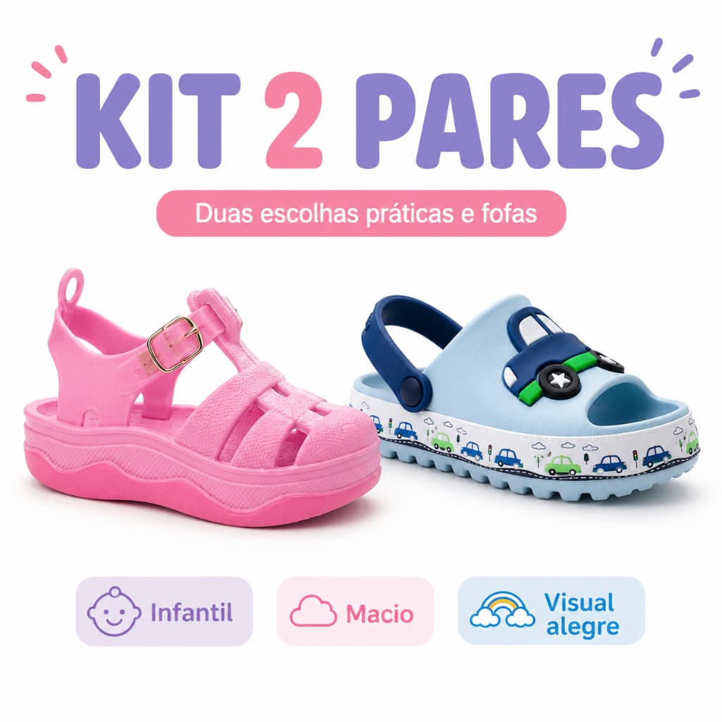 Kit 2 Pares Sandália Infantil Menino e Menina Papete Fivela Confortável