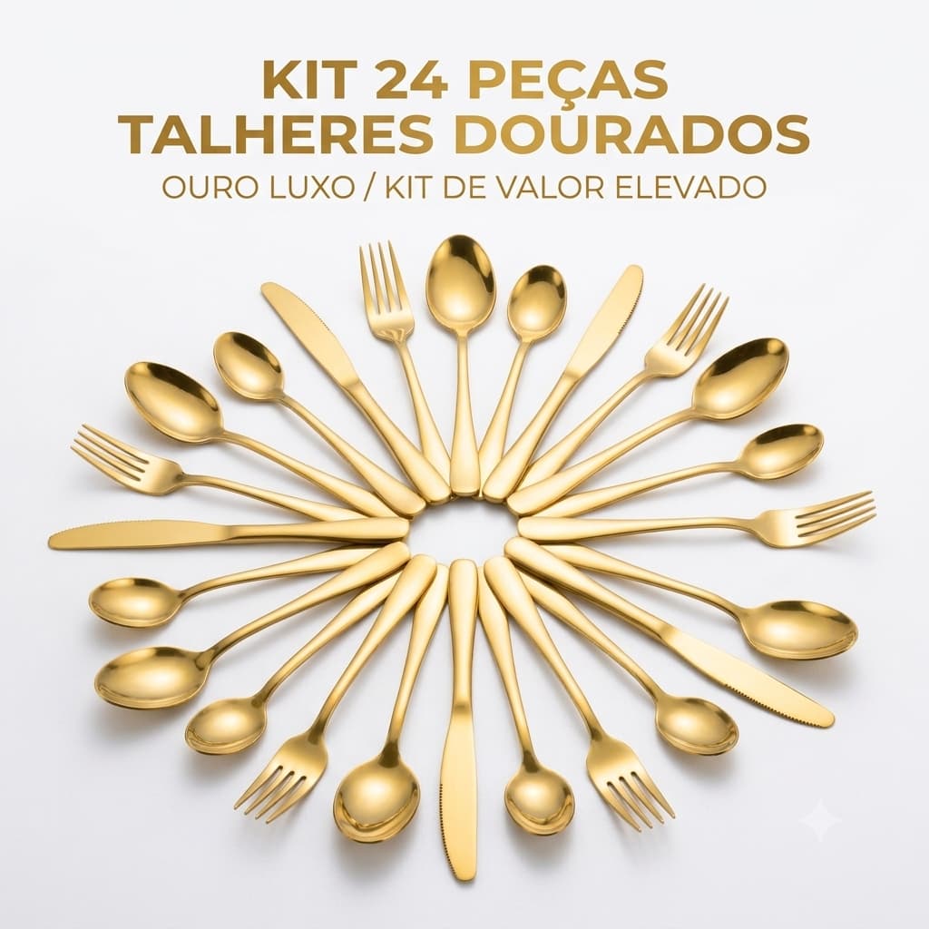 Conjunto de 24 Peças Talheres Luxo em Inox Banhado a Ouro com Colher de Sobremesa