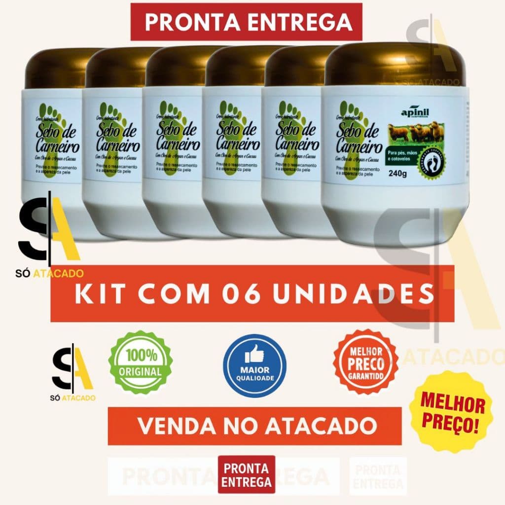06 UND Creme Sebo de Carneiro 240g Apinil DOURADO– Hidratação Intensiva Para o Corpo, Pés e Mãos - Atacado