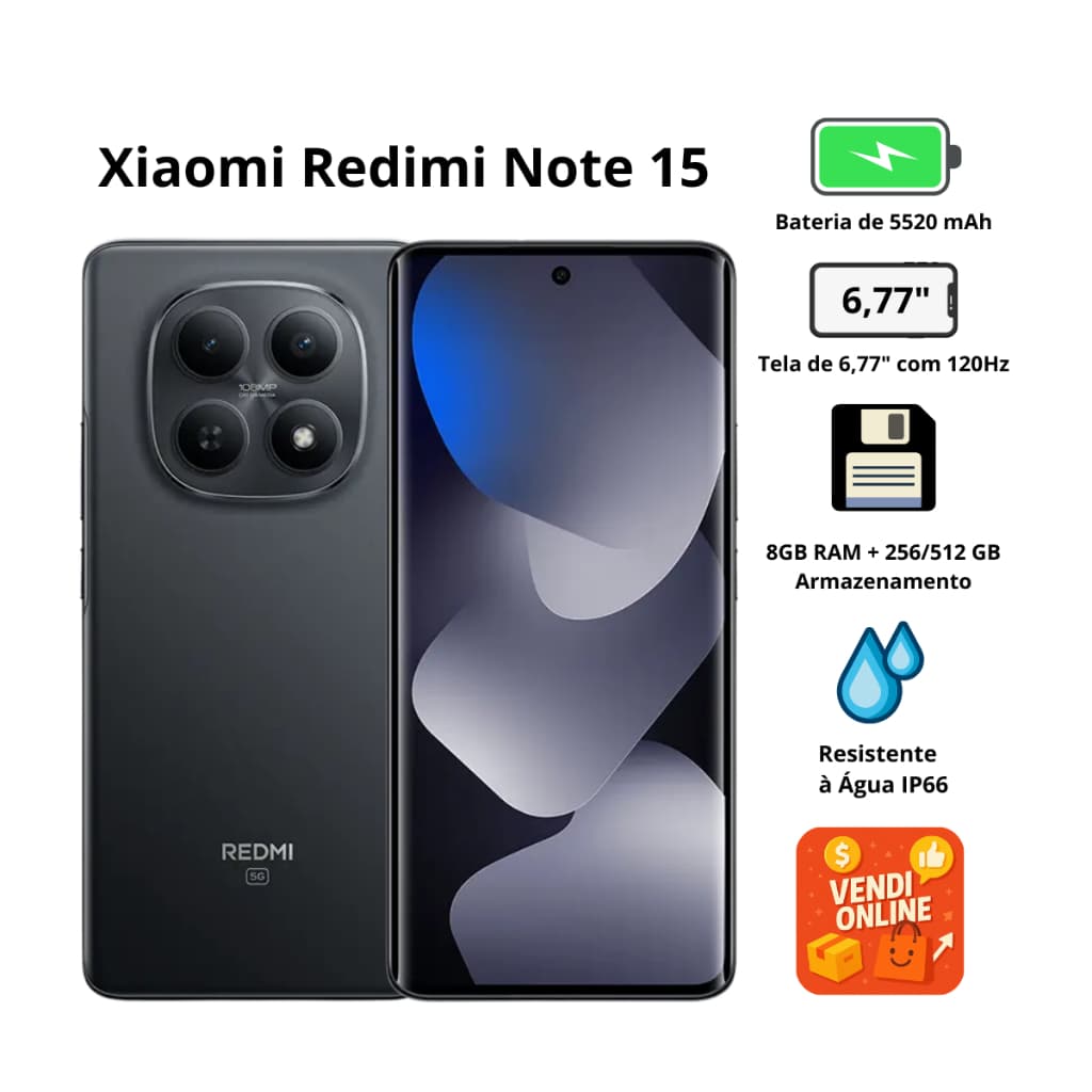 Smartphone Xiaomi Redmi Note 15 5G 256 8GB RAM AMOLED 120Hz Câmera 108MP Resistência a Àgua IP66