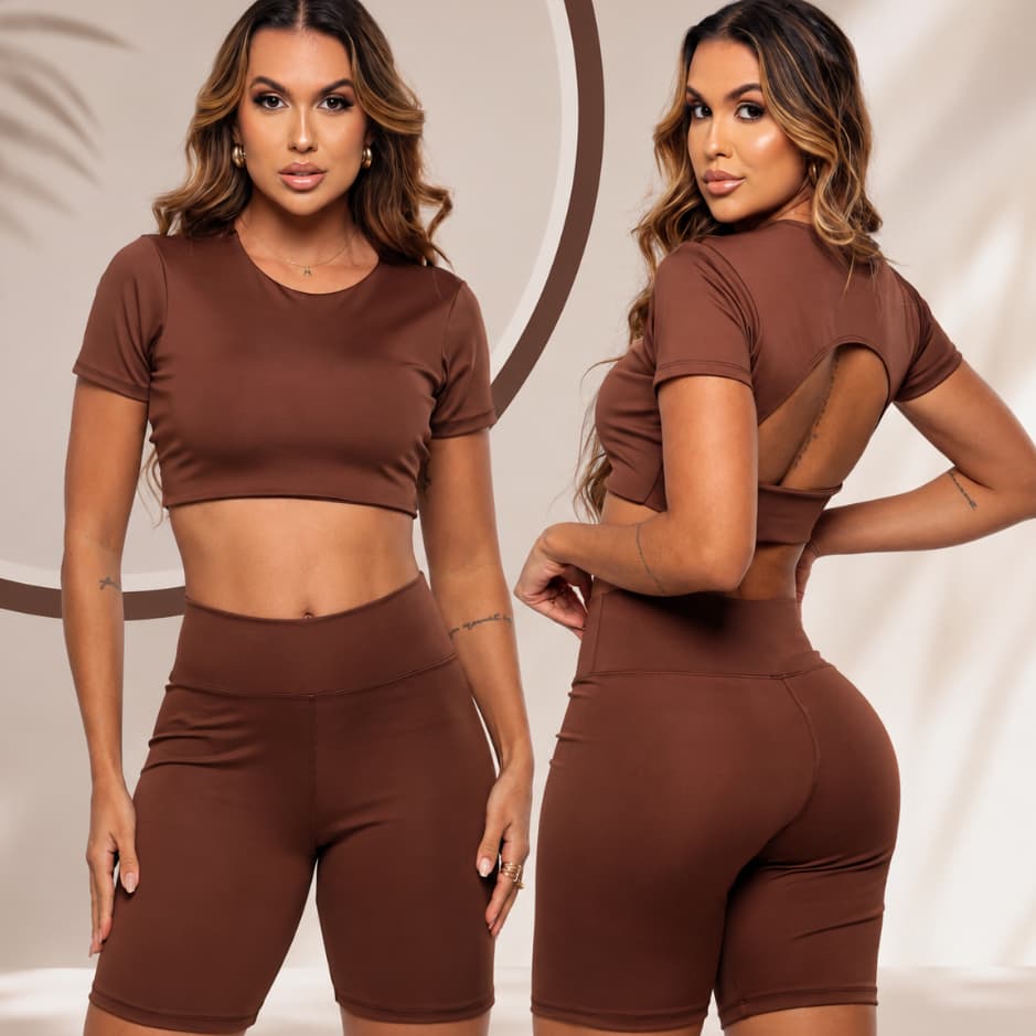 ​Conjunto Fitness Feminino Academia Shorts Meia Coxa E Cropped Suplex Toque Poliamida Zero Transparência