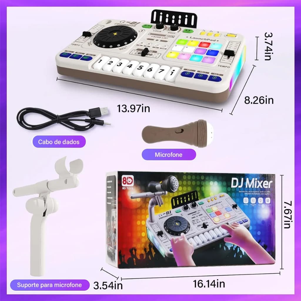 Mesa de som infantil com microfone, teclado eletrônico para piano, toca-discos Bluetooth, controlador de DJ, instrumento