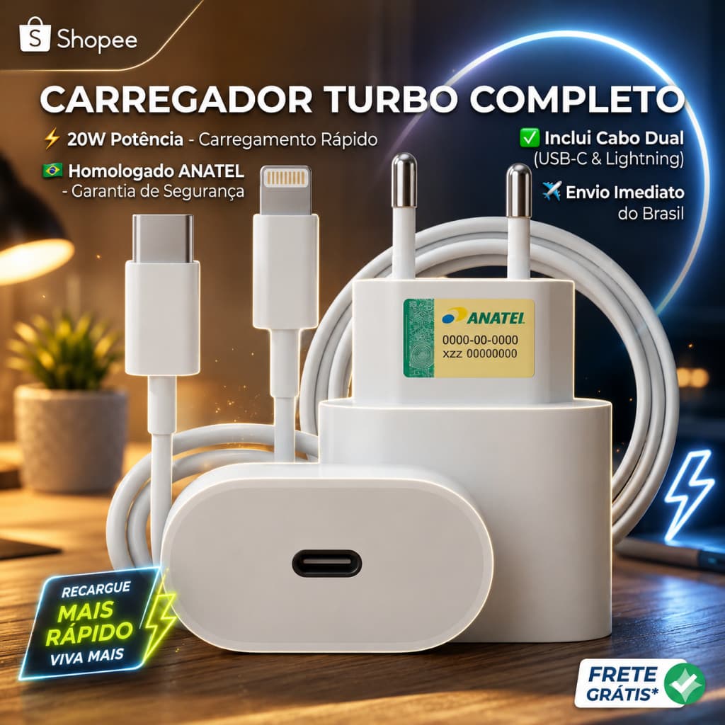 KIT Carregador Turbo 20W Iphone Cabo e Fonte USB - C Lighning 8 XR 11 12 13 14