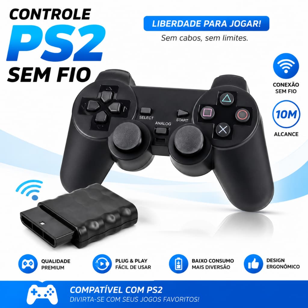 Controle Ps2 Joystick Sem Fio Analógico Plug And Play Alta Qualidade + Grips