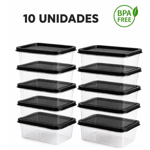 Kit 10 Potes 1 Litro Transparente Tampa Preta Marmita Organização Geladeira