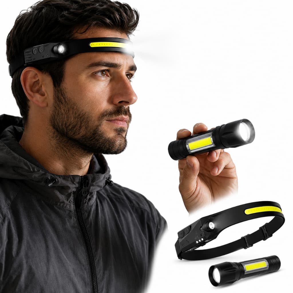 Kit 2 Lanternas LED Recarregáveis Cabeça e Lanterna LED Recarregáve de Mão com Sensor Zoom USB Tipo C Alta Potência