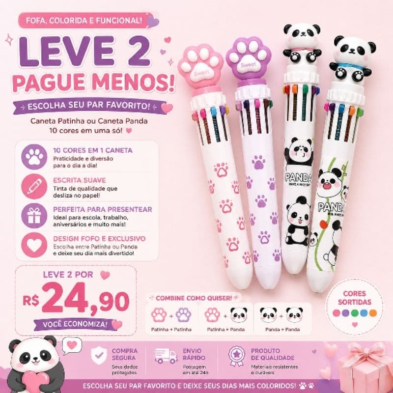 Canetas 10 Cores Panda ou Patinha | Papelaria Fofa kawaii