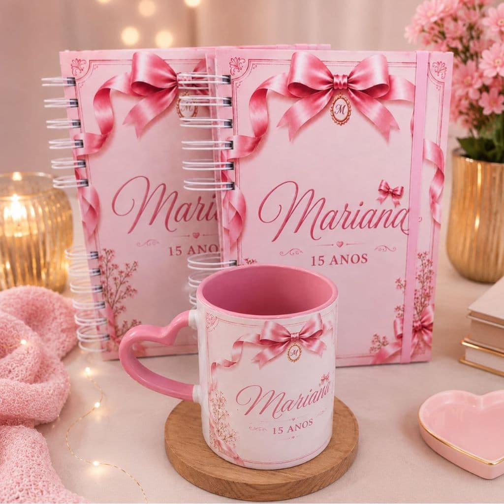 Kit Presente 15 Anos Agenda 2027 + Caderno  Caneca Personalizados Feminino presente festa aniversário com nome debutante