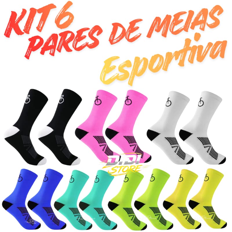 Kit 6 Pares de Meias Esportiva Ciclismo Compressão Cano Médio Bike Speed MTB Corrida Academia Unissex