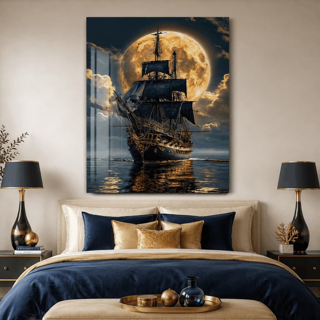 Quadro Decorativo Navio Pirata com Lua Cheia para Sala Quarto e Escritório