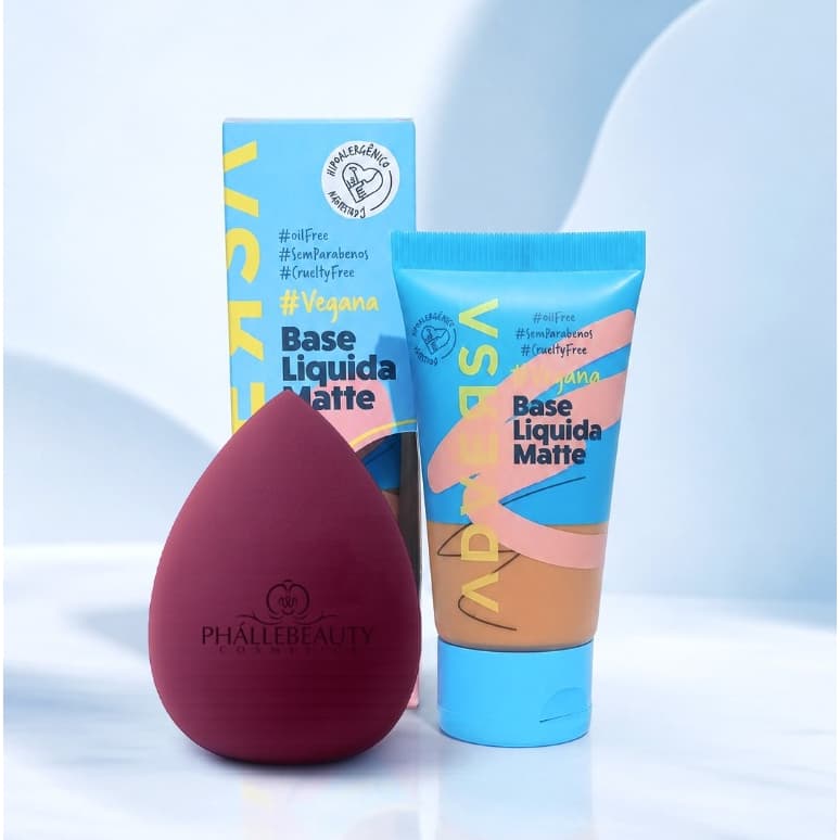 Kit Base Líquida Matte Vegana Adversa  Oil Free + Esponja Para Maquiagem Phallebeauty