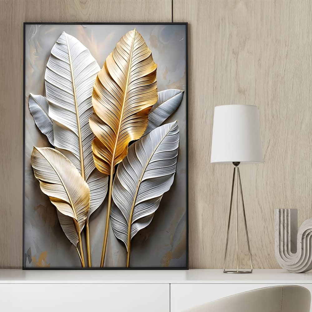 Quadro sem Vidro Floral Folhas Brancas e Douradas Elegance II Quadro Decorativo