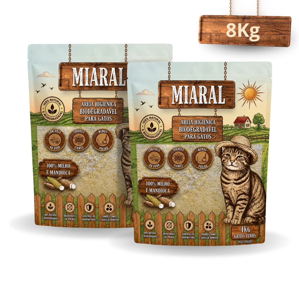 Areia Higiênica Miaral Para Gatos Biodegradável Milho e Mandioca Natural Grãos Finos 8Kg