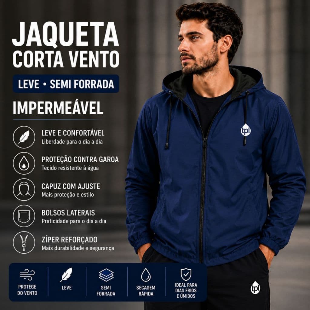 Jaqueta Corta Vento Masculina com Capuz Leve Semi Forrada Bolso Impermeável Motoboy Ciclismo Ziper