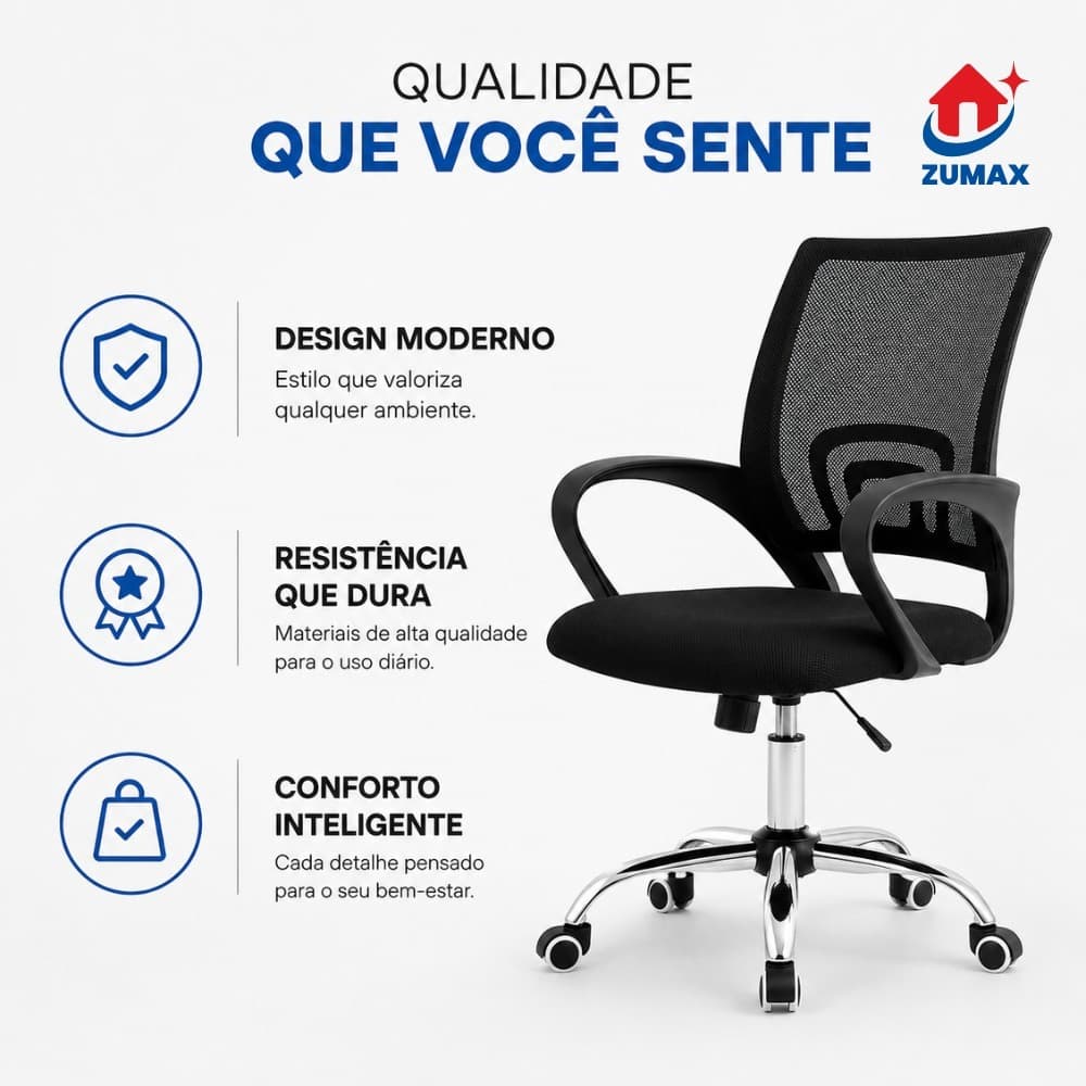 Cadeira Escritório Diretor Ergonômica Giratória Preta Zumax