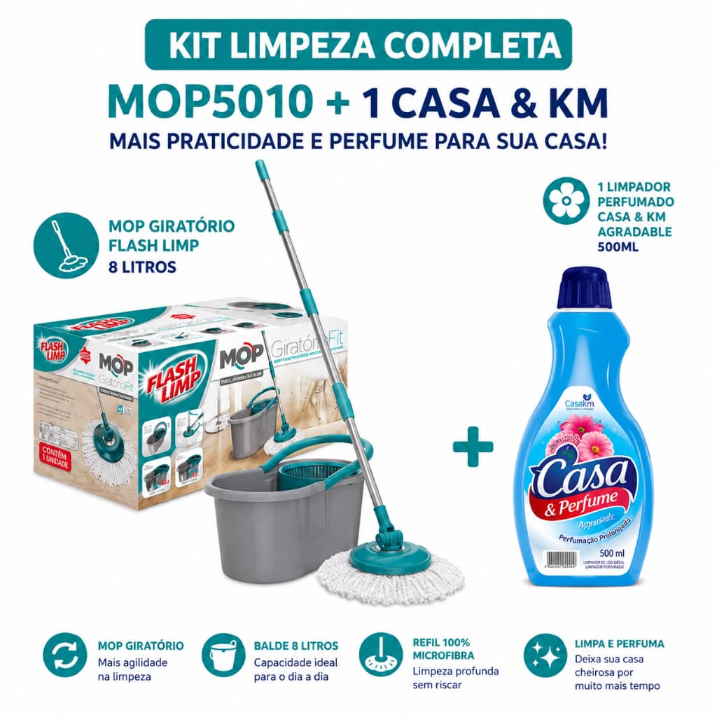 Kit Mop Giratório Flash Limp Fit MOP5010 8 Litros + Casa & Perfume Agradable 500ml