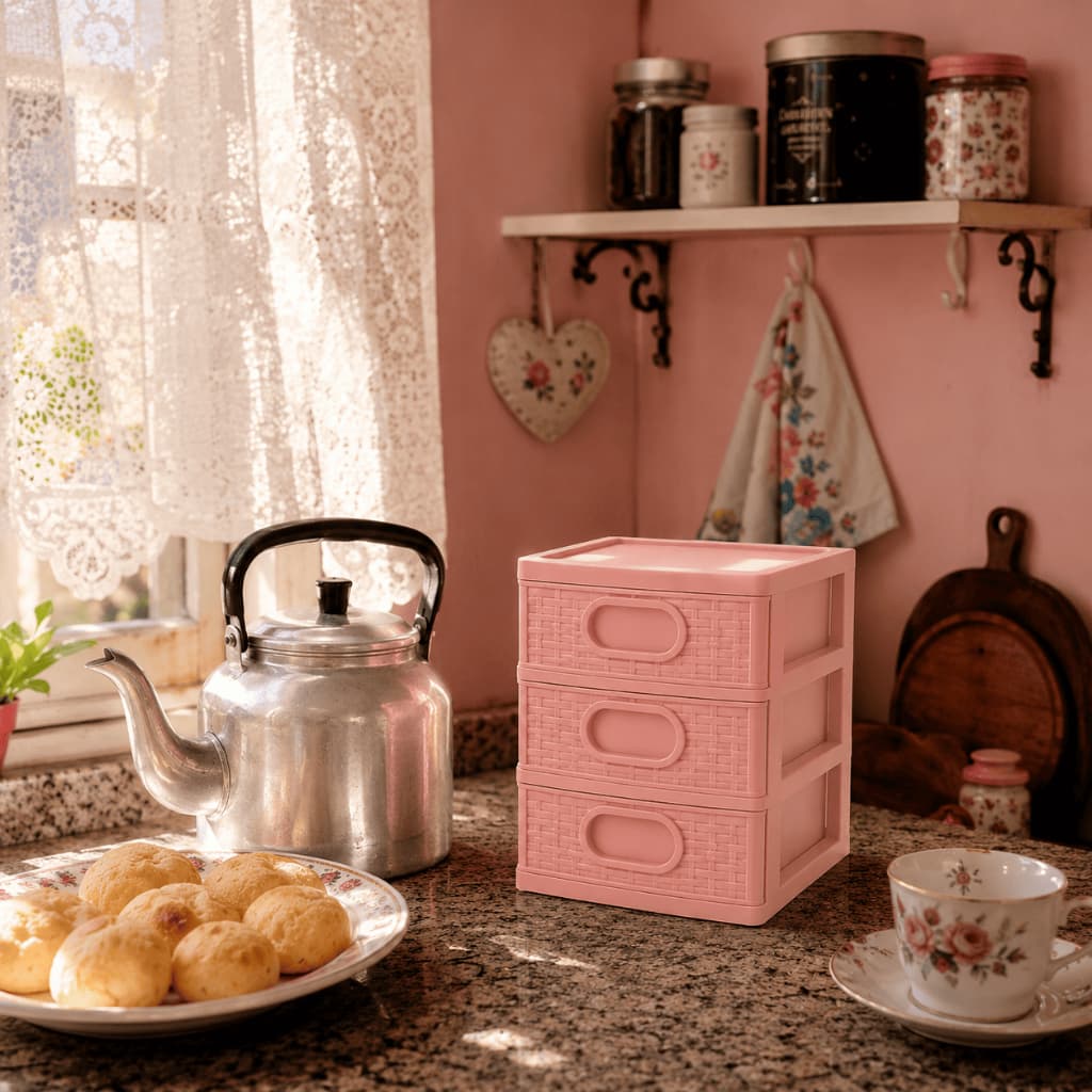 Gaveteiro Texturizado De Mesa Micro Organizador Multiuso 3 Gavetas Cor Rosa - Monte Libano